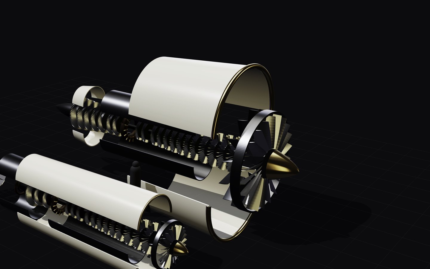 two parametric turbofans with their covers lifted off, fan and turbine stages exposed